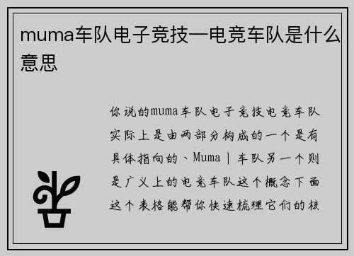 muma车队电子竞技—电竞车队是什么意思